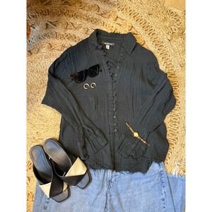 Urban Outfitters Black Gauze Button Down Shirt Raw Hem Boho Top Womens XS